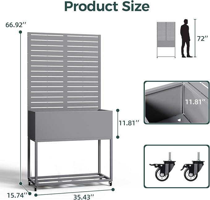 Metal Planter Box, Multi-Functional & Easy to Assemble, 67" H x 35" W Raised Garden Bed for Climbing Plants, Elevated Standing Garden Planter with Drainage Holes for Outdoor Patio, Grey