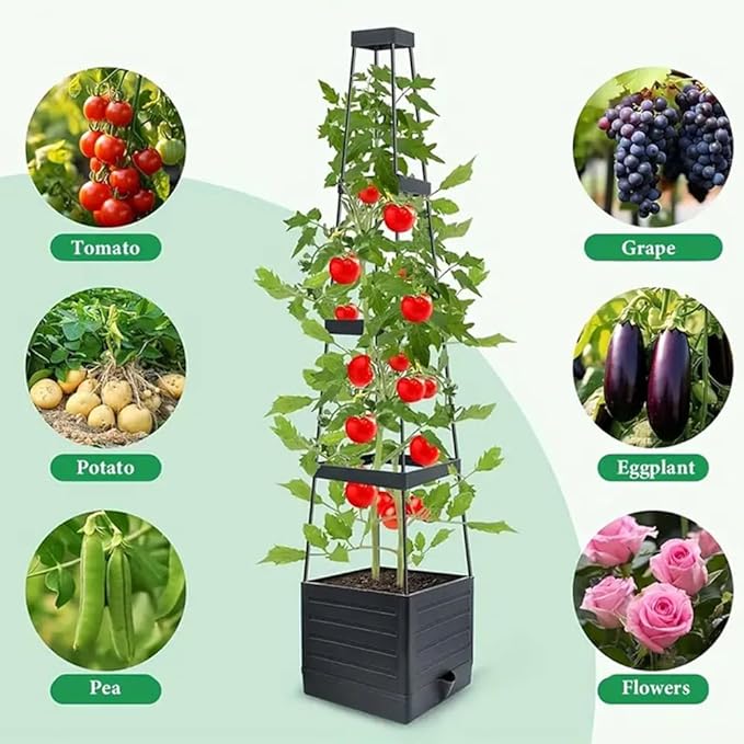 2pcs Raised Garden Bed Planter Box with Trellis 57" Self-Watering Tomato Cage Planters for for Climbing Vegetable and Plants, Raised Tomato Planter Boxes (2 pcs)
