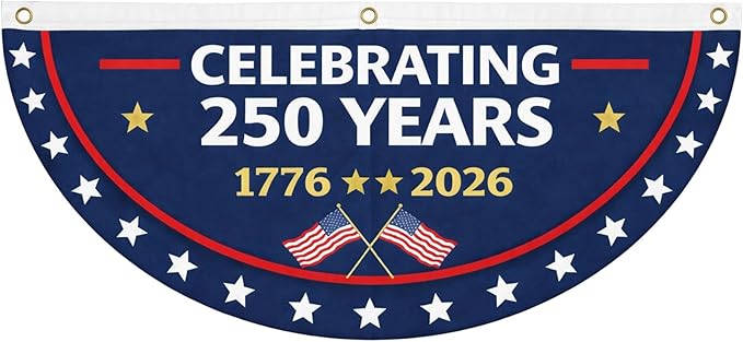 Patriotic 250th Anniversary Fan Flag 2 Pack – 35x18 Inch USA Outdoor Bunting Banner, Double-Sided Half Circle Polyester Flags 1776-2026 with Grommets for Porch, Fence, Window, 4th of July & Memorial Day