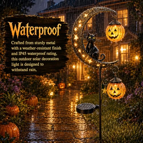 Solar Halloween Black Cat & Pumpkin Moon Garden Stake Light (B)