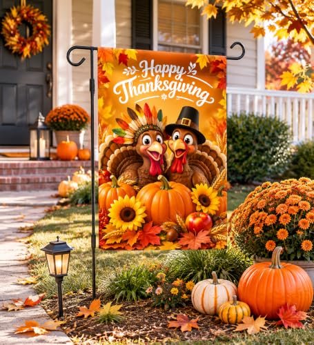 Happy Thanksgiving Turkey Garden Flag 12 x 18 inch Double Sided Outside decorations (G093)