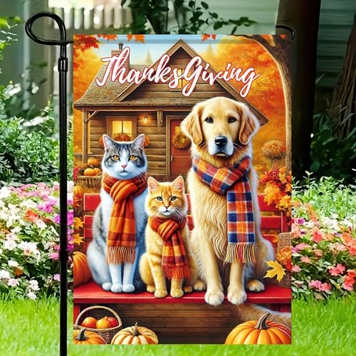 Thanksgiving Dog and Cat Garden Flag 12x18 Inch Fall Yard Decor (Cat and Dog)