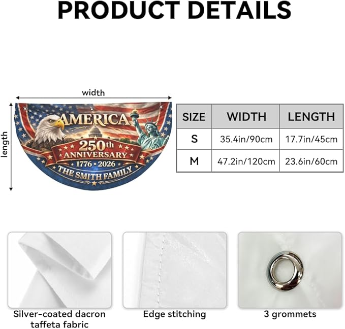 Personalized USA 250th Anniversary Bunting Flag 1776-2026, Custom Family Name Patriotic America Bunting, Non-Pleated Fan Flag for Porch, Wall, Fence, Outdoor 4th of July Decor