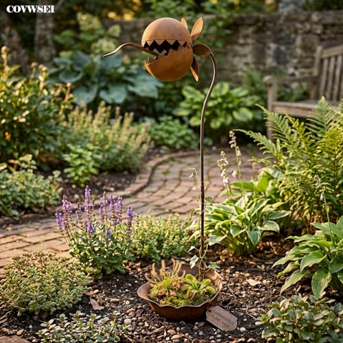 24 Inch Metal Flowers Venus Fly Trap Stakes Carnivorous Plant Garden Decor (Brown a)