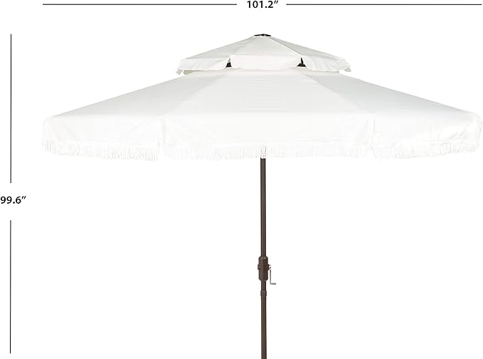 SAFAVIEH 9ft Outdoor Patio Umbrella, Round, Double Top, Milan Fringe, Ivory, Crank, Button Tilt, UV Resistant for Deck, Backyard, Poolside (PAT8208C)
