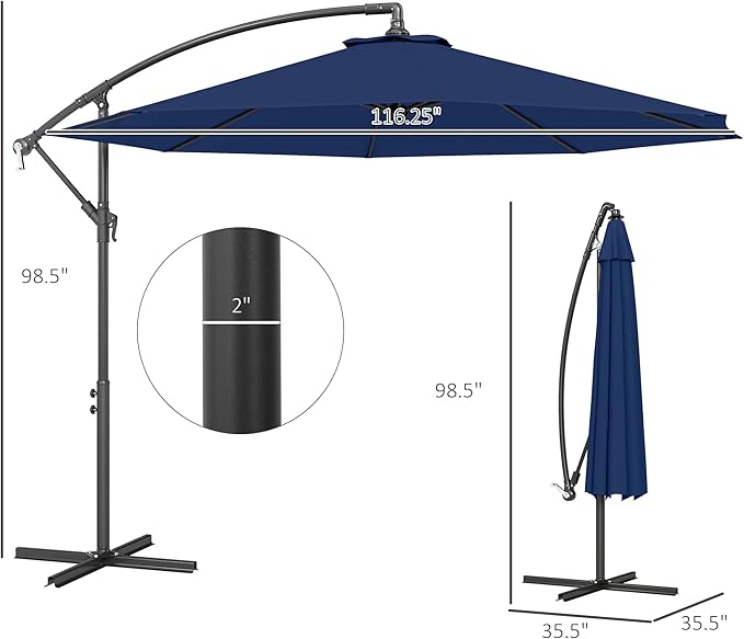 Outsunny 10' Cantilever Hanging Tilt Offset Patio Umbrella with UV & Water Fighting Material and Cross Base (Weight Not Included)