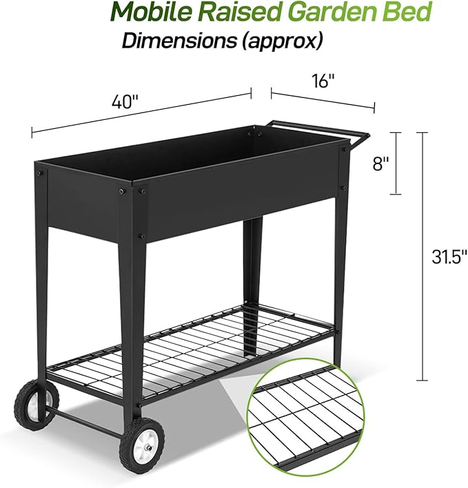 GARFANS Raised Garden Bed, Metal Raised Planter Box Outdoor with Legs, 2 Wheels and Shelf, Elevated Garden Bed Box for Vegetable Indoor Herb Flower Backyard Patio, 40" L x 16" W x 31.5" H