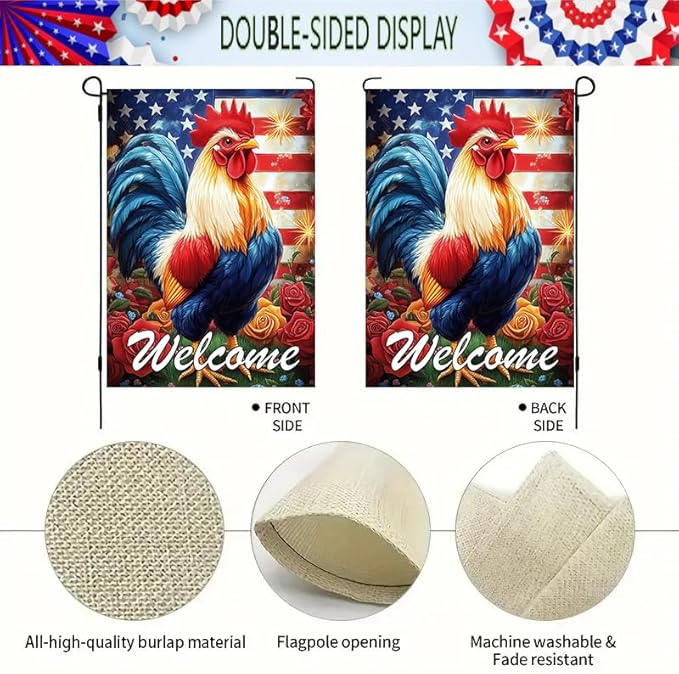 Large 4th of July Garden Flags 28 x 40 Double Sided, Burlap Holiday Rooster Welcome Independence Day Patriotic House Flags for Outside, Seasonal Fourth of July Outdoor Yard Decorations