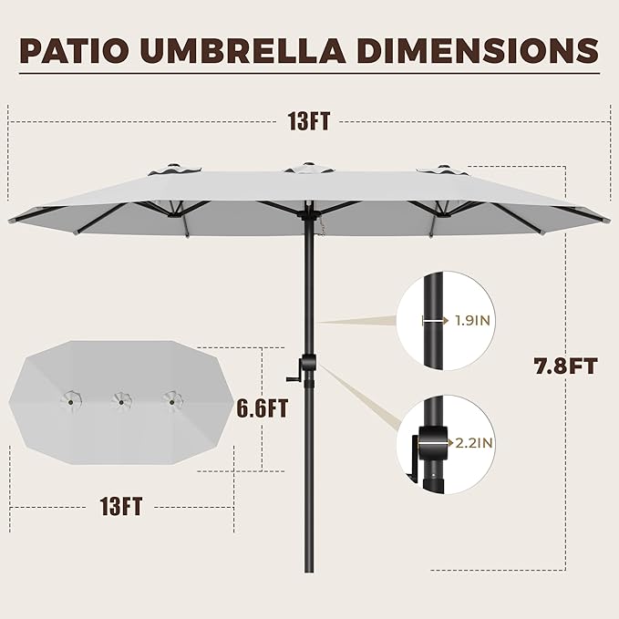 13FT Large Patio Umbrella, Outdoor Deck Standing Umbrella with Crank Handle, Double-Side Rectangular Pool Umbrella for Outside, Market, Patio, Light Gray (Base Not Include)