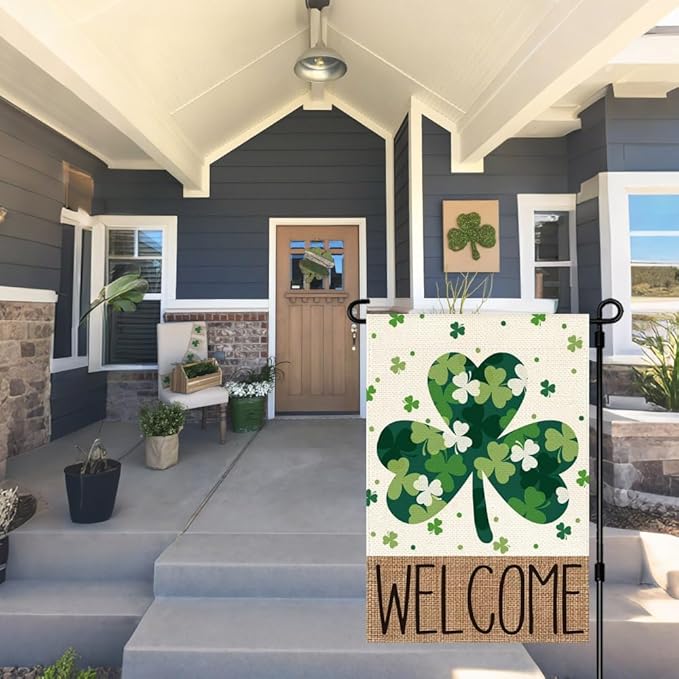St Patricks Day Garden Flag 12x18 Inch Double Sided Outside Welcome Shamrocks Outdoor Yard Flag Green Lucky Clovers Holiday Decoration