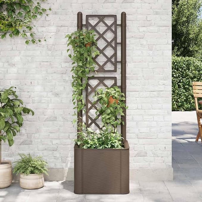 vidaXL Garden Raised Bed with Trellis, Raised Bed for Flowers and Plants, Self Watering Planter with Water Level Indicator, Outdoor and Indoor Use, Mocha, PP