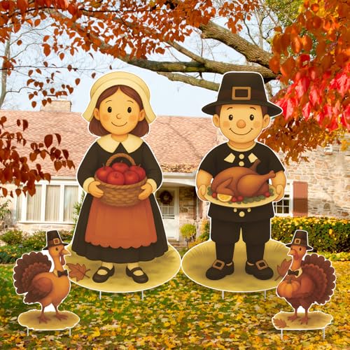 4 Pcs Fall Thanksgiving Yard Sign Pilgrim Boy and Girl Turkey Lawn Stakes