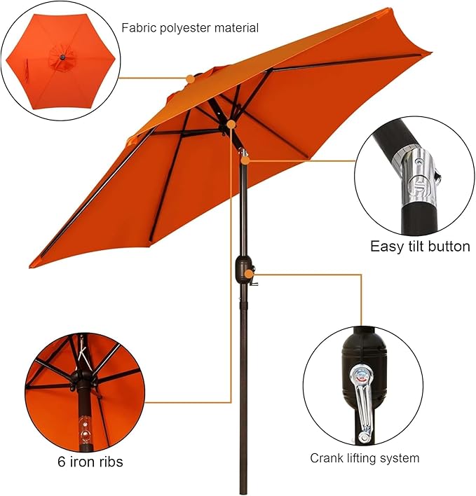 Blissun 7.5 ft Patio Umbrella, Yard Umbrella, Outdoor Market Umbrella with Push Button Tilt Crank, Orange
