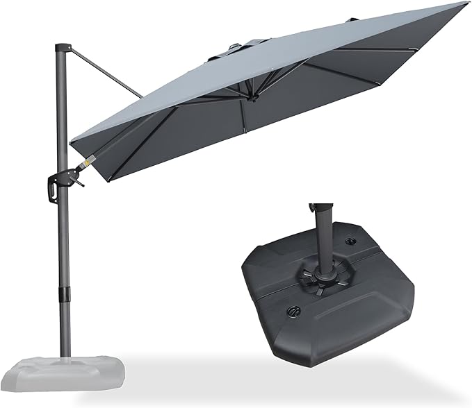 PURPLE LEAF 9 Feet Patio Umbrella with Base Outdoor Cantilever Square Umbrella Aluminum Offset Umbrella with 360-degree Rotation for Garden Deck Pool Patio Light Grey