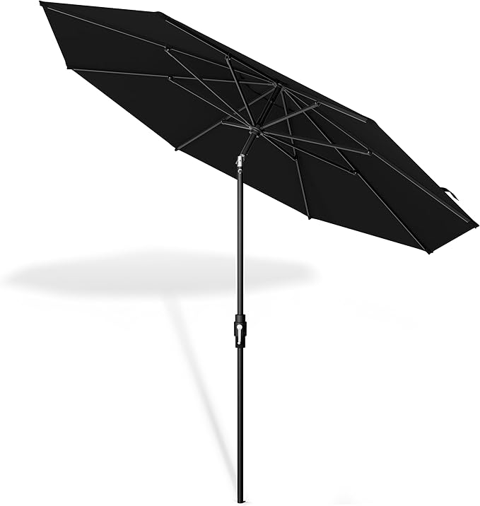 The Swilt 9 Feet Outdoor Umbrella With Terylast Ebony (Black) Polyester Fabric - Fiberglass Ribs, Auto-Tilt And Swivel Aluminum Frame Patio Umbrella For Deck, Garden, Pool - Black Pole