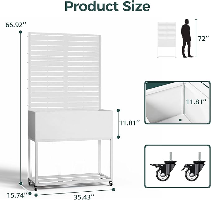 Metal Planter Box, Multi-Functional & Easy to Assemble, 67" H x 35" W Raised Garden Bed for Climbing Plants, Elevated Standing Garden Planter with Drainage Holes for Outdoor Patio, White