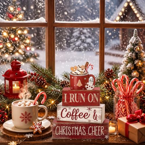 4 Pcs Christmas Coffee Table Decor Hot Chocolate Cocoa Wooden Stacked Sign Rustic Christmas Tiered Tray Decor Cocoa Centerpiece Block Signs Gift Xmas Decoration for Home Coffee Bar Kitchen (I Run on Coffee & Christmas Cheer)
