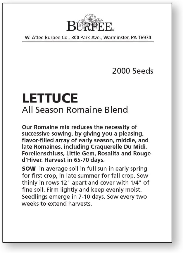 Burpee All Season Romaine Blend Lettuce Seeds 2000 seeds
