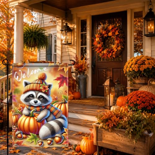 Fall Garden Flag 12x18 Inch Cute Raccoon Pumpkin Welcome Decor (Cute Raccoon)