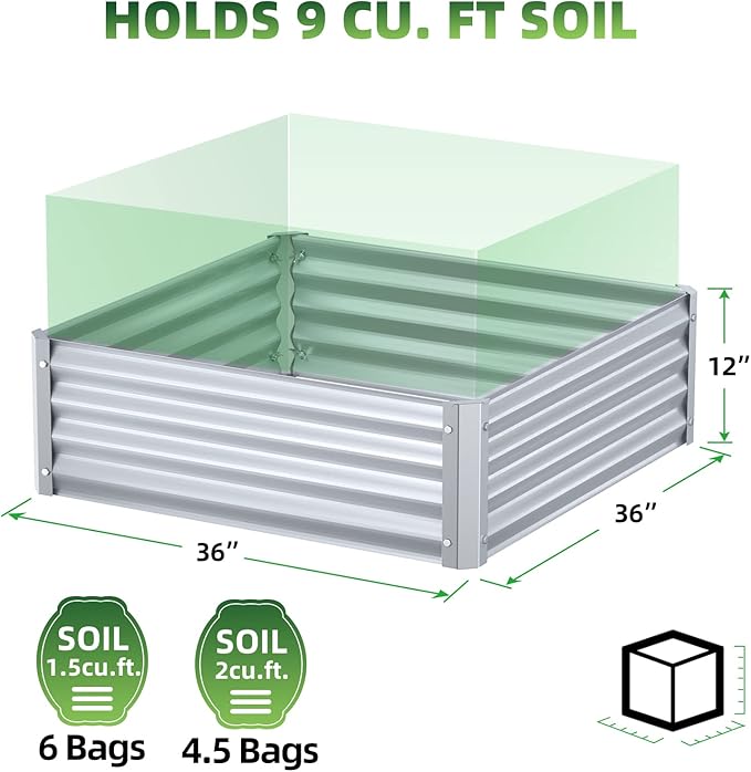 Highpro Raised Garden Beds 3×3×1ft Galvanized Metal Planter Boxes for Herbs Vegetables, Flowers and Succulents Silver