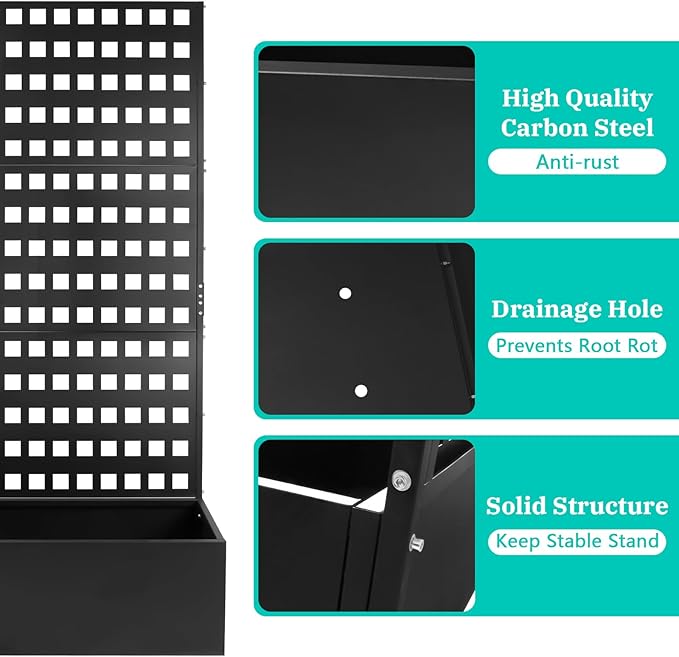 Metal Planter Box with Trellis Raised Garden Bed with Drainage Holes， Privacy Planters for Patio as a Privacy Screen for Climbing Plants Outdoor (35x18x71Inch)