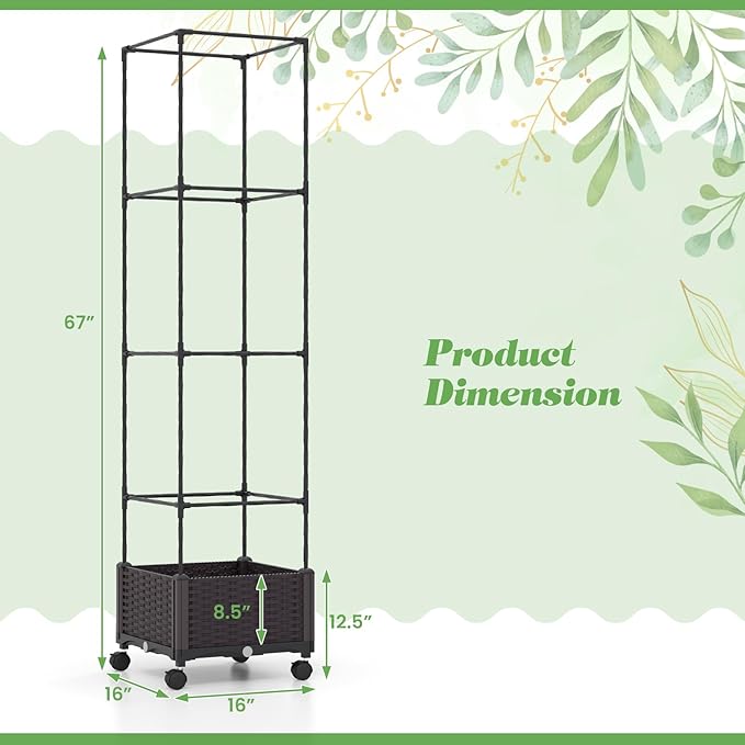 S AFSTAR Raised Garden Bed with Tomato Cage, 67" Planter Box W/Trellis & Lockable Wheels, Free Height Combination Self-Watering Plastic Garden Box Plant Container for Climbing Plants Vegetable (2)