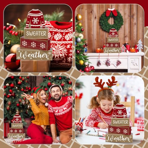 4 Pcs Christmas Table Decoration Wooden Block Signs Sweater (Christmas Sweate)
