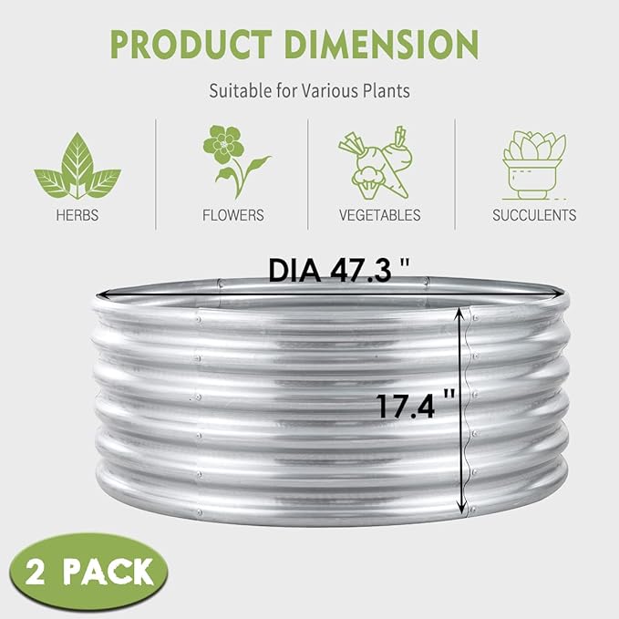 FORTUNO 2 Pcs 17" Tall 4 Ft Round Raised Garden Bed Box Galvanized Metal Outdoor High Flower Bed Steel Patio Ground Planter for Planting Vegetables and Herbs, Silver