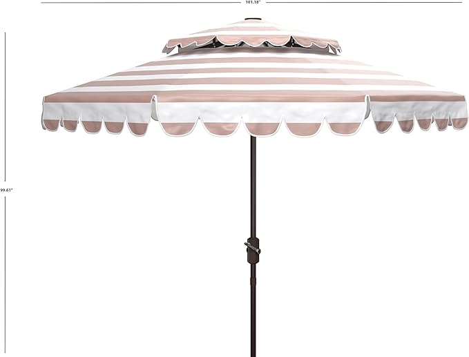 SAFAVIEH 9ft Outdoor Patio Umbrella, Double Top, Vienna Collection, Beige & White Stripe, Scallop Edge, Crank, Button Tilt, UV Resistant for Deck, Backyard, Poolside (PAT8211A)