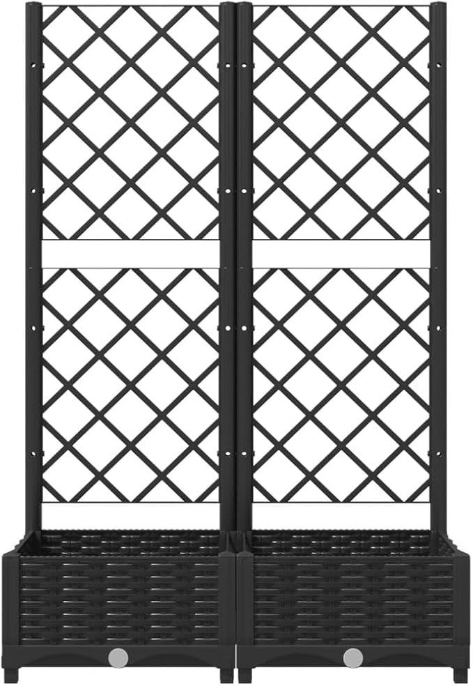 Raised Garden Planter with Trellis Black 31.5"x15.7"x47.8" PP Material Elevated Garden Bed for Outdoor Plants and Flowers, for Climbing Plants Like Tomatoes, Peas, and Roses