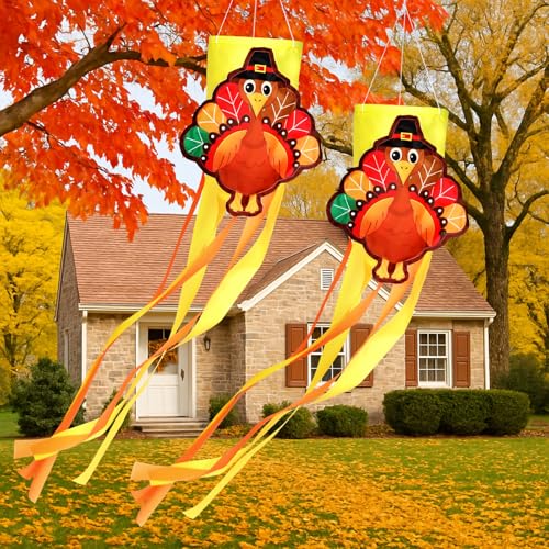2pcs Fall Turkey Windsocks 40'' Thanksgiving Outdoor Hanging Decor (Turkey)