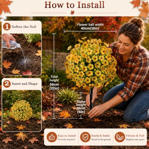 2 Pack 22" Artificial Fall Flowers Stake UV Resistant Outdoor Autumn Yellow (Yellow)