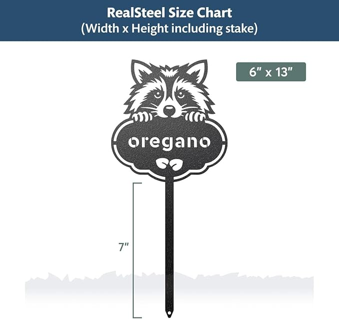 RealSteel Rocky The Raccoon Plant Markers – Cute Metal Garden Labels for Herbs & Vegetables | Outdoor Steel Plant Stakes for Garden, Greenhouse & Raised Beds | Gardening Gift | USA (ZUCCHINI-B-6X13)