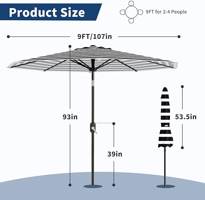 GarveeLife 9FT Patio Umbrella Outdoor, Table Umbrella with Push Button Tilt and Crank, 8 Sturdy Ribs UV Protection Waterproof for Garden, Pool, Market, Deck (Black & White Stripe)
