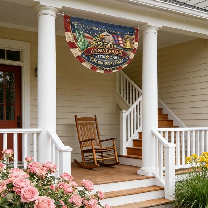 Personalized USA 250th Anniversary Bunting Flag 1776-2026, Custom Family Name Patriotic America Bunting, Non-Pleated Fan Flag for Porch, Wall, Fence, Outdoor 4th of July Decor