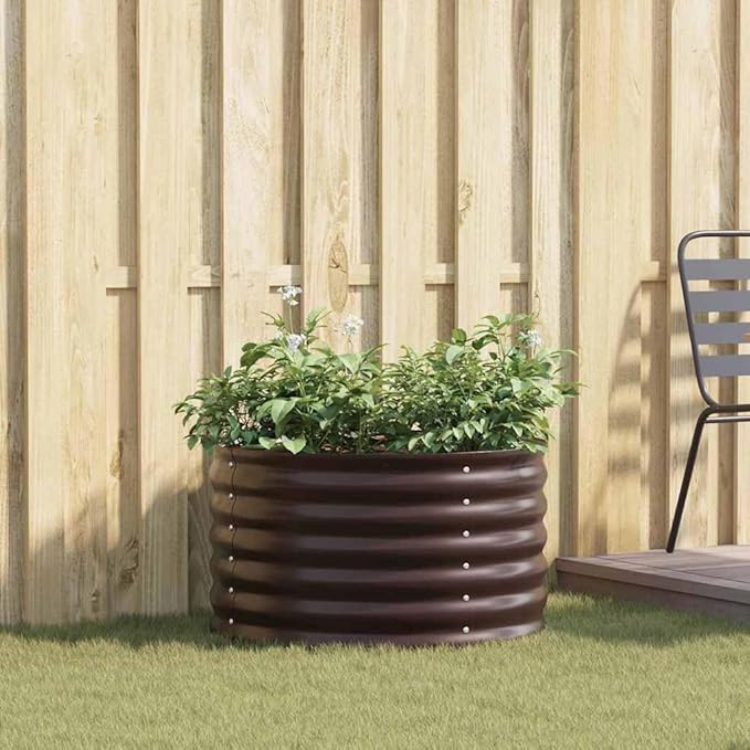 vidaXL Round Galvanized Steel Garden Planter | Modern Outdoor Metal Brown 31.5 X 17.3 in Tough Build and Powder Coated Finish Perfect for Spring Summer Planting Plant Pot Flower Oval