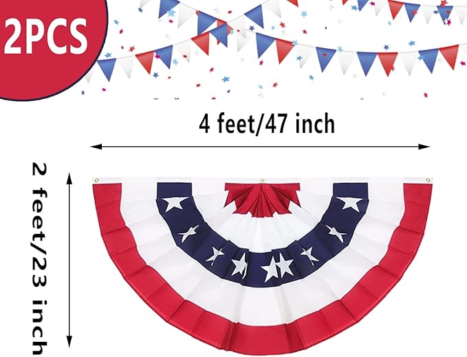 2x4 Ft American Pleated Fan Flag (Set of 2) – USA Patriotic Half Fan Bunting for Memorial Day & 4th of July Decorations Outdoor, 250th Anniversary USA Flag, Patriotic Decorations for Home Garden