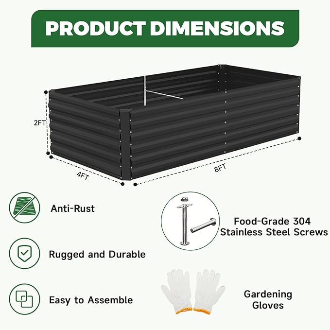 8x4x2 ft Raised Garden Bed, Large Metal Planter Raised Beds, Planters for Outdoor Plants for Vegetables, Flowers, Herbs, Fruits, and Succulents.Black
