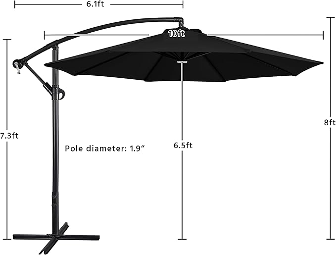 Yaheetech 10FT Patio Offset Umbrella - Cantilever Hanging Outdoor Umbrellas w/Easy Tilt & Cross Base for Market/Garden/Lawn/Deck/Backyard/Pool - Black