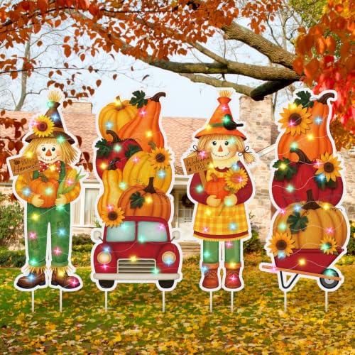 4 Pcs Fall Outdoor Decorations Metal Pumpkin Scarecrow Yard Sign with LED (Scarecrow)