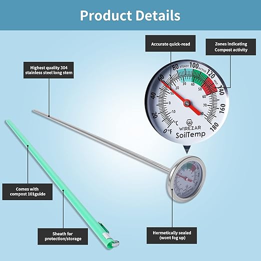 Backyard Compost Thermometer 16 Inch(No Batteries), Stainless Steel Soil Testing Thermometer, Easily Monitor The Temperature in Compost Bin, Ideal for Outdoor Use(16'')