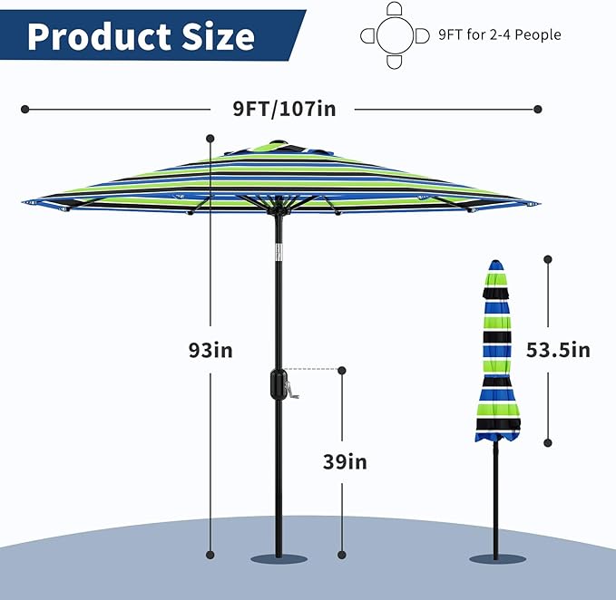 9 ft Patio Umbrella - 8 Sturdy Ribs Outdoor Table Umbrella with Crank Lift & Push Button Tilt - Market Umbrella for Pool, Deck, Yard, Garden - Tricolor Stripe