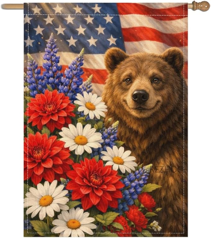 Patriotic Bear Garden Flag 28x40 Inch,USA Flag Floral Animal Outdoor Yard Red White Blue Decor,Double Sided Seasonal Lawn Porch Farm Independence Day Holiday Gift