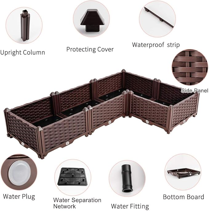 BAOYOUNI L-Shaped Planter Box Corner Raised Garden Bed Kit Vegetables Herbs Flowers Succulents Plastic Gardening Grow Container for Indoor Balcony Outdoor Patio, Brown