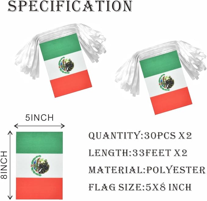 2 Pack Mexico Flag Banner String Small Mini 66 Feet 60 Pcs Mexican Hanging Flags Decoration