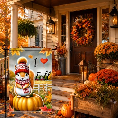 I Love Fall Garden Flag Squirrel Pumpkin Decor 12x18 Inch (Squirrel)