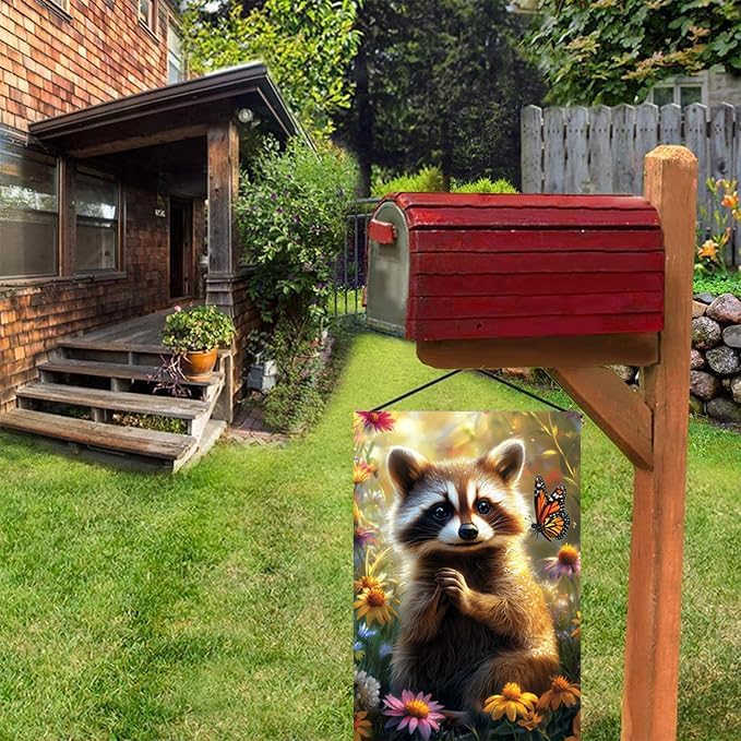 Spring Summer Raccoon Garden Flag 12x18 Double Sided, Small Burlap Seasonal Floral Butterfly Garden Flags Spring Summer Outdoor Yard Decorations for Outside Lawn Décor
