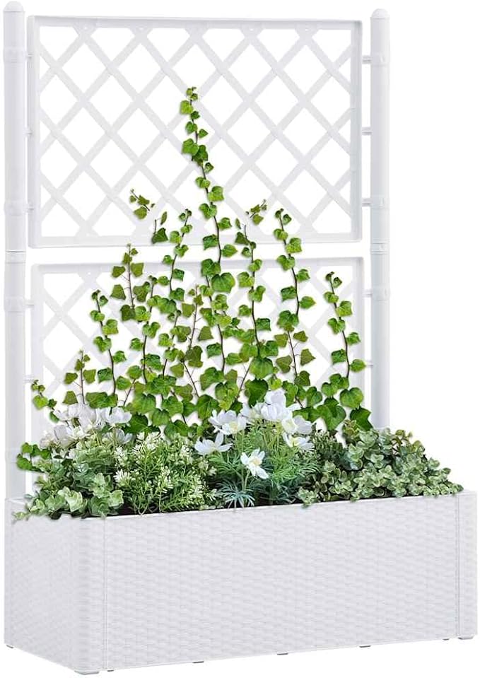 vidaXL Patio Raised Bed with Trellis and Self Watering System White