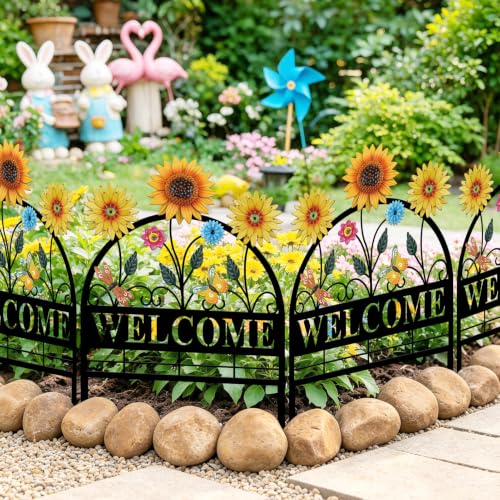 4 Pack Sunflower Garden Fence Metal Butterfly Flower Design (Sunflower)