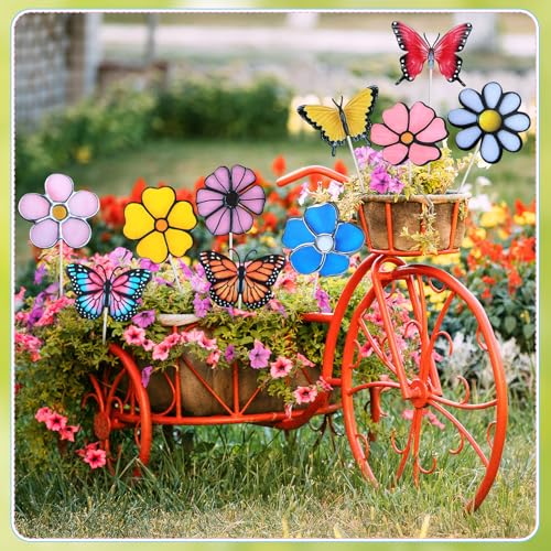 10 Pcs Metal Flower Garden Stake for Outside Outdoor 11.8" 5D Summer Flowers Butterfly Metal Sign Waterproof Decoration Landscape Ornament for Lawn Yard Garden Patio Porch Art (Butterfly, Flower)